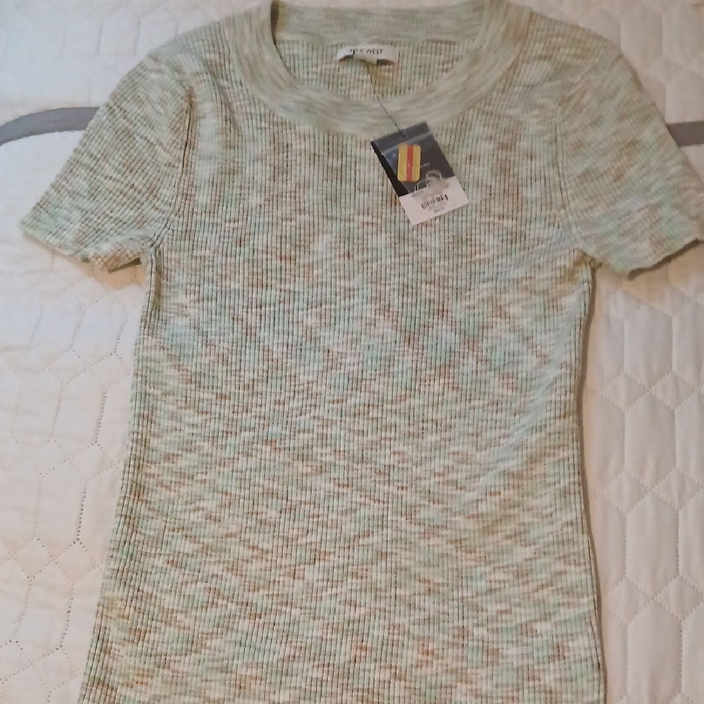 Nine West Fitted Ribbed Polo T-Shirt in Tan and Cream